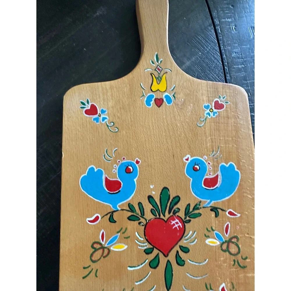 Vintage Hand Painted Wood Cutting Board Folk Art Blue Birds Heart Decorative